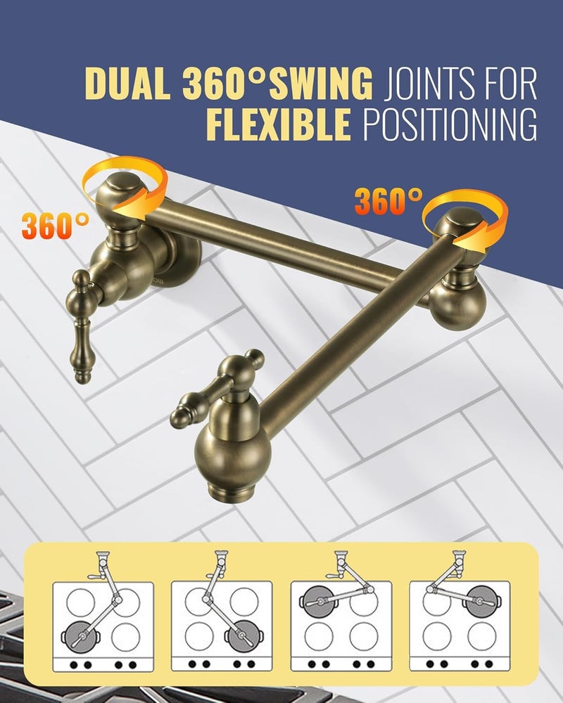 WOWOW Antique Bronze Pot Filler Faucet - Brass Pot Filler Wall Mount Kitchen Stove Faucet with Double Joint Swing Arms - Image 4