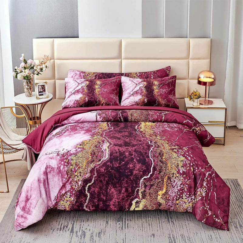 PERFEMET 6-Piece Bed in A Bag Queen Burgundy Marble Comforter Set with Sheets Aesthetic Retro Artwork Style Dark Red Bedding Set for All Season(Burgundy, Queen) - Image 2