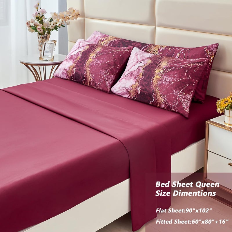 PERFEMET 6-Piece Bed in A Bag Queen Burgundy Marble Comforter Set with Sheets Aesthetic Retro Artwork Style Dark Red Bedding Set for All Season(Burgundy, Queen) - Image 5