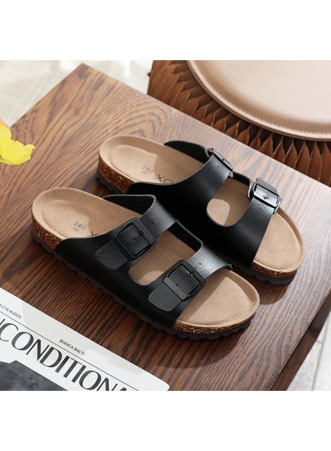 Xggc Cork Slippers For Men, Summer Trendy Non-slip Thick-soled Couple Birkenstock Sandals, Outdoor Wear, Black, Litchi Pattern, Size 44 - Image 3