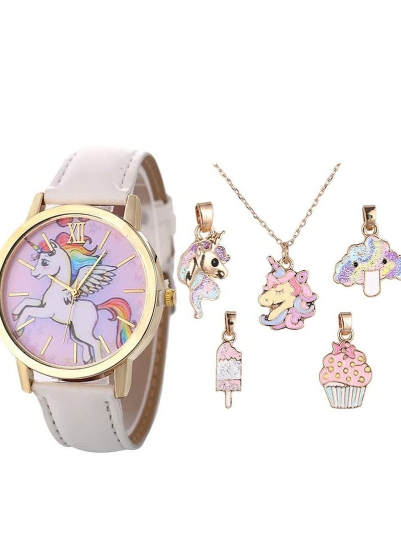 KASTWAVE 6 Pcs Watch Necklace Set Kids Cartoon Watches Unicorn Watch Cartoon Pendant Necklace Birthday Gift for Children Toddler Baby Girls Little Child- Assorted Color - Image 1