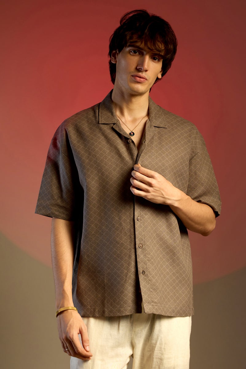 Campus Sutra Men's Peanut Brown Quad-Lined Oversized Shirt  - Image 2