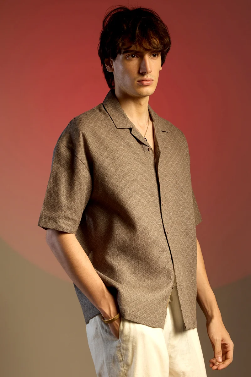 كامبوس سوترا Men's Peanut Brown Quad-Lined Oversized Shirt