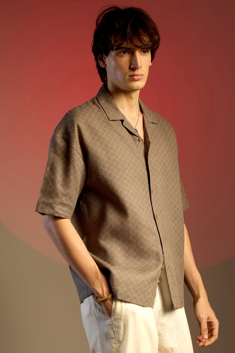 Campus Sutra Men's Peanut Brown Quad-Lined Oversized Shirt  - Image 3