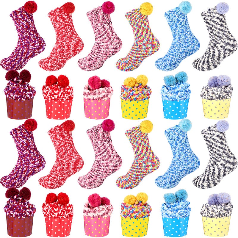 Haysandy 12 Pairs Fuzzy Socks Women Cupcake Stocking Warm Stuffers Women Slipper Thick Soft Plush Sock for Valentine Gifts Girls Winter Home Indoor Spa