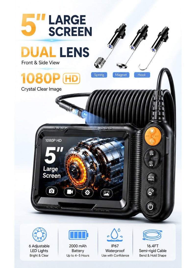 Milatech Endoscope Camera with Light, 5-Inch Large Screen, Dual Lens 1080P HD Borescope, IP67 Waterproof Snake Camera – Ideal for Inspecting Walls, Vents, Automotive Engines & Pipes – Great Tool Gift for Men (16.4ft) - Image 1