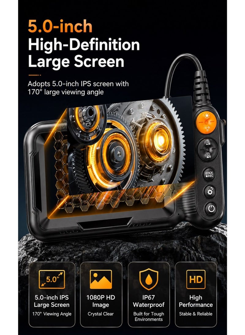Milatech Endoscope Camera with Light, 5-Inch Large Screen, Dual Lens 1080P HD Borescope, IP67 Waterproof Snake Camera – Ideal for Inspecting Walls, Vents, Automotive Engines & Pipes – Great Tool Gift for Men (16.4ft) - Image 2