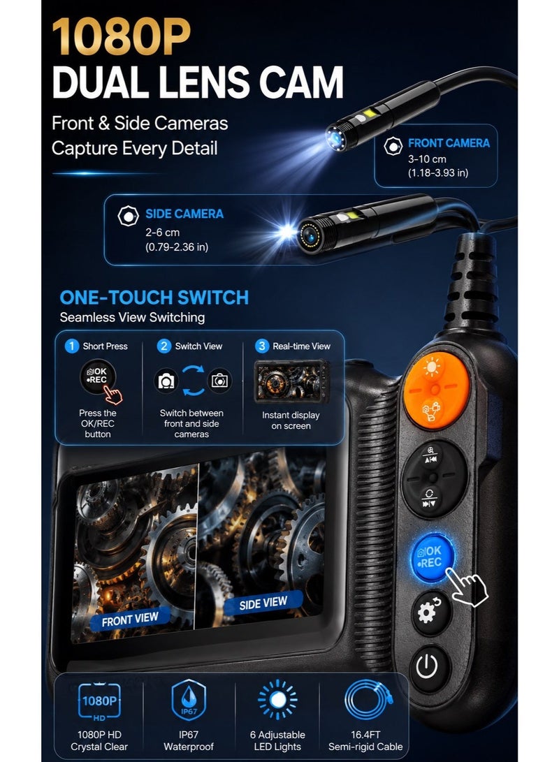 Milatech Endoscope Camera with Light, 5-Inch Large Screen, Dual Lens 1080P HD Borescope, IP67 Waterproof Snake Camera – Ideal for Inspecting Walls, Vents, Automotive Engines & Pipes – Great Tool Gift for Men (16.4ft) - Image 3