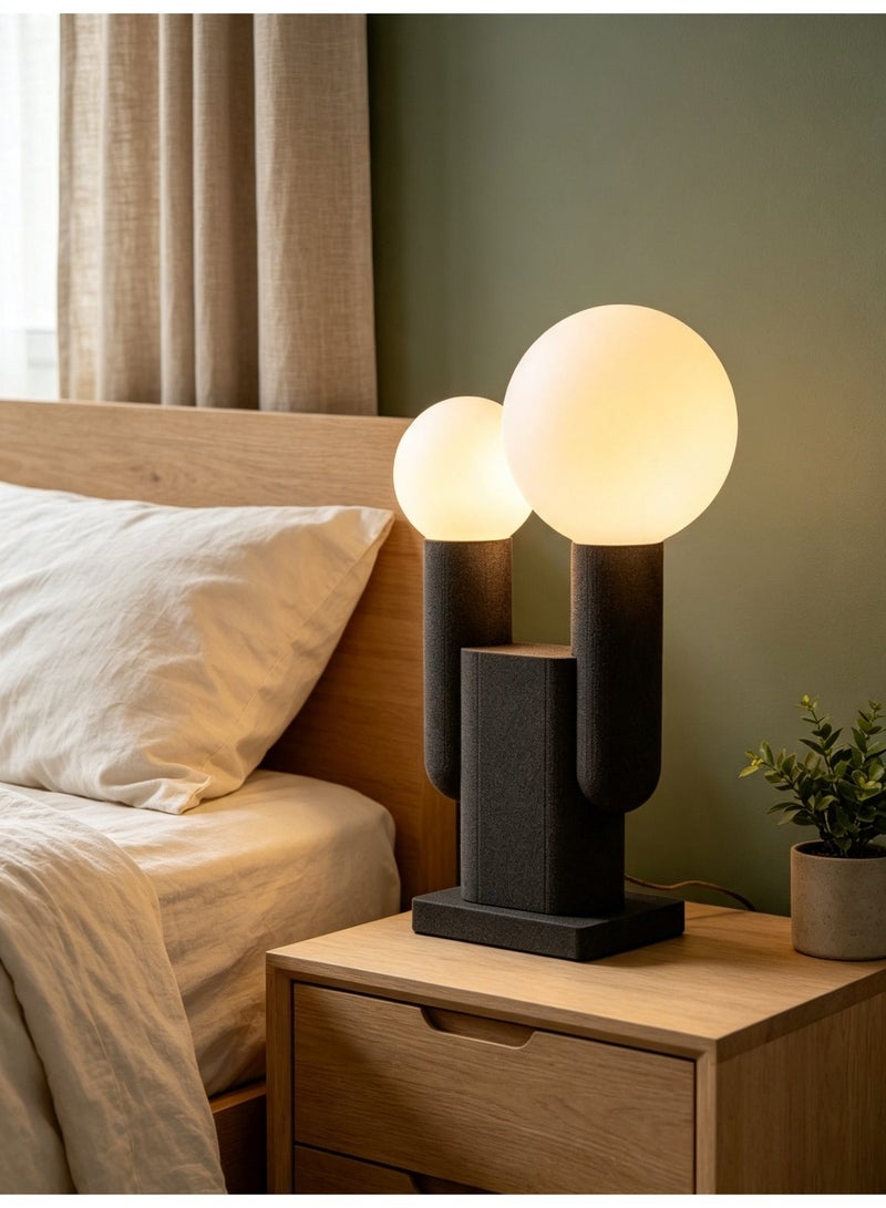 Modern Cactus Shape Table Lamp, 2-Light Frosted Glass Globe Desk Lamp, Creative Textured Black Resin Bedside Lamp, Decorative Night Light for Bedroom Living Room Study Home Decor - Image 1