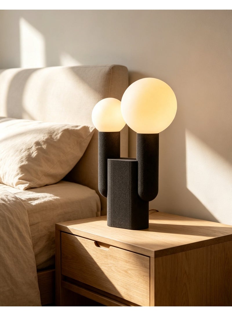 Modern Cactus Shape Table Lamp, 2-Light Frosted Glass Globe Desk Lamp, Creative Textured Black Resin Bedside Lamp, Decorative Night Light for Bedroom Living Room Study Home Decor - Image 3