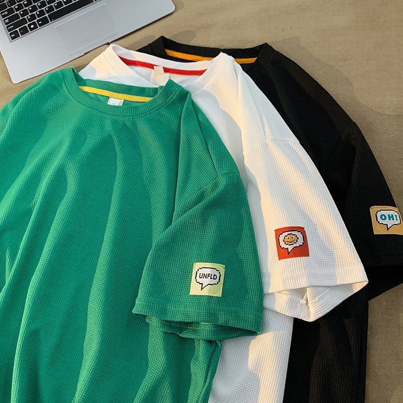Waffled T-Shirt Men'S Short-Sleeved Summer Thin Instagram Popular Brand Loose All-Match Round Neck Half-Sleeved Top Hong Kong Style T-Shirt - Image 5