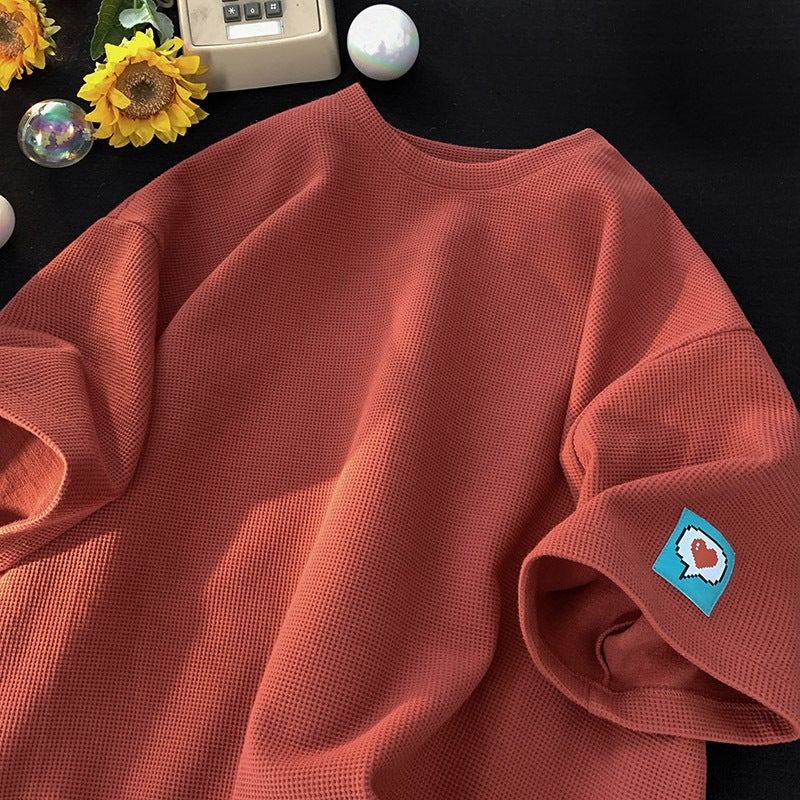 Waffled T-Shirt Men'S Short-Sleeved Summer Thin Instagram Popular Brand Loose All-Match Round Neck Half-Sleeved Top Hong Kong Style T-Shirt - Image 1