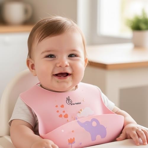 R for Rabbit Safari Silicone Bib for Baby Food Feeding BPA Free, Baby Apron Adjustable Straps, Built-in Food Pocket Mess Free, Waterproof, Washable & Reusable Ideal for Babies 6 to 36 Months (Peach) - Image 1
