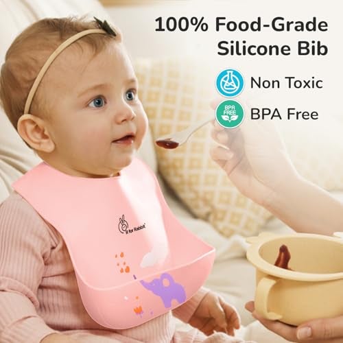 R for Rabbit Safari Silicone Bib for Baby Food Feeding BPA Free, Baby Apron Adjustable Straps, Built-in Food Pocket Mess Free, Waterproof, Washable & Reusable Ideal for Babies 6 to 36 Months (Peach) - Image 2
