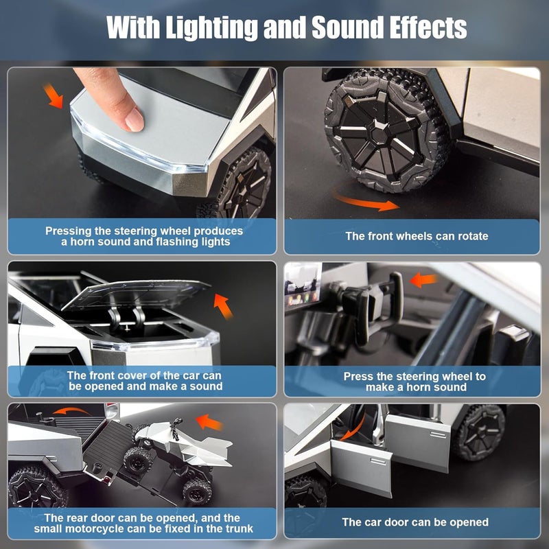 stochastic box Pickup Truck and Motorcycle 1/24 Diecast Cars with Lights and Sounds Cybertruck Metal Toy Cars for Kids Adults Boys Silver - Image 4