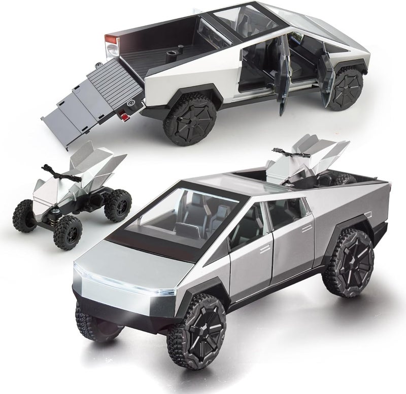 stochastic box Pickup Truck and Motorcycle 1/24 Diecast Cars with Lights and Sounds Cybertruck Metal Toy Cars for Kids Adults Boys Silver - Image 1