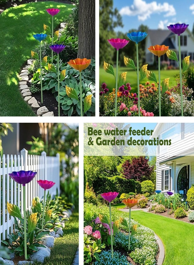 Yonisun Bee Watering Station, 4 Pack Butterfly Drinking Station with Flower Design for Garden,Colorful Metal Flying Insects Feeder Bee Baths for Outdoor Garden Yard Decor(Red,Blue,Yellow,Purple) - Image 5