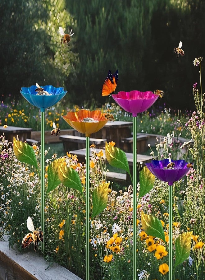 Yonisun Bee Watering Station, 4 Pack Butterfly Drinking Station with Flower Design for Garden,Colorful Metal Flying Insects Feeder Bee Baths for Outdoor Garden Yard Decor(Red,Blue,Yellow,Purple) - Image 1