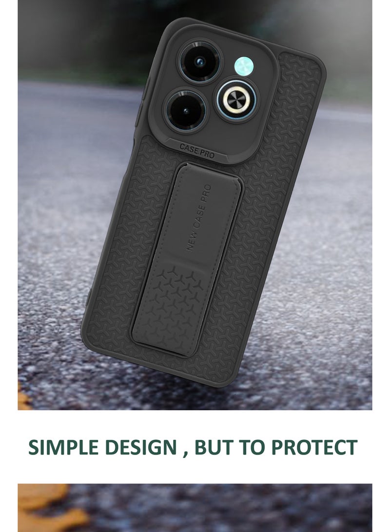 GMATE Infinix Hot 40i - Semi Soft Silicone Magnetic Back Stand Case  With Foldable Kickstand & Finger Strap - Black - Image 2
