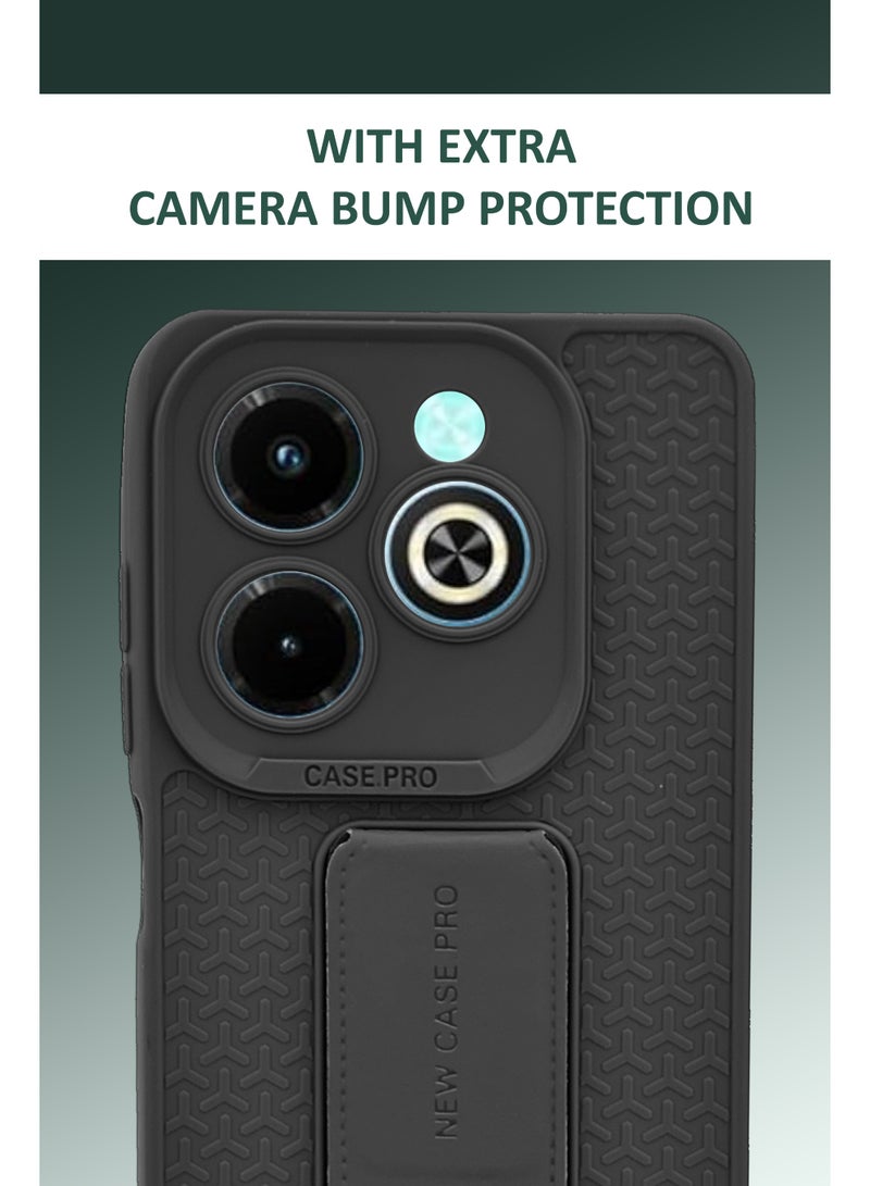 GMATE Infinix Hot 40i - Semi Soft Silicone Magnetic Back Stand Case  With Foldable Kickstand & Finger Strap - Black - Image 3