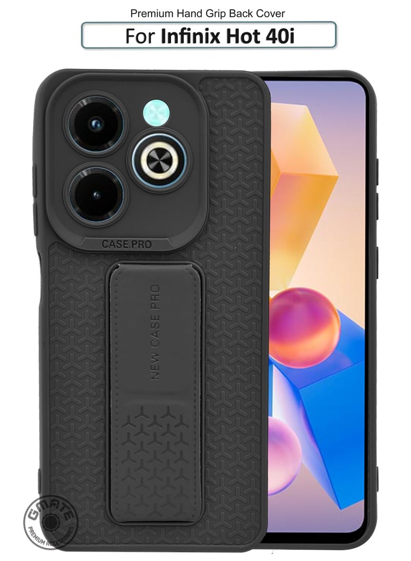 GMATE Infinix Hot 40i - Semi Soft Silicone Magnetic Back Stand Case  With Foldable Kickstand & Finger Strap - Black - Image 1