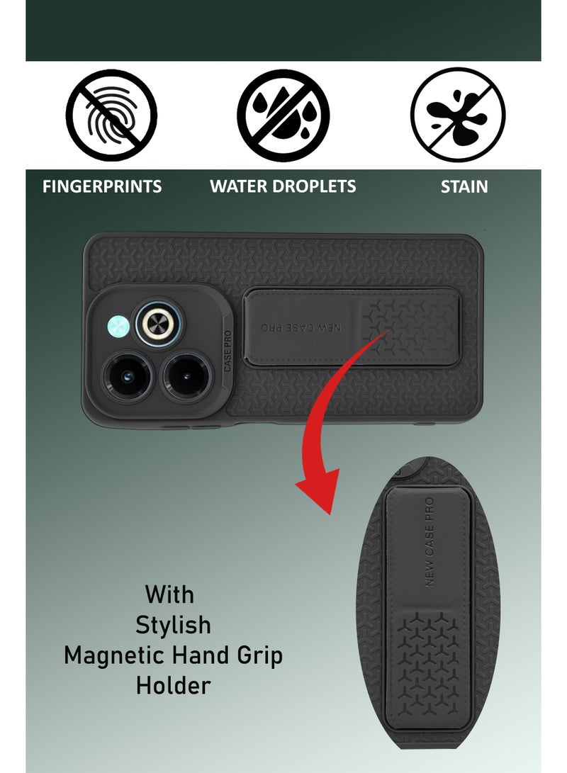 GMATE Infinix Hot 40i - Semi Soft Silicone Magnetic Back Stand Case  With Foldable Kickstand & Finger Strap - Black - Image 4