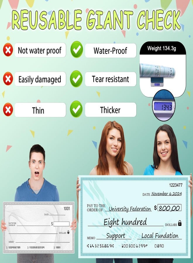 MLcnleS Big Checks for Presentations - Huge 30x16 Inch Fake Check for Awards & Donations - Reusable & Perfect for Events - Image 2