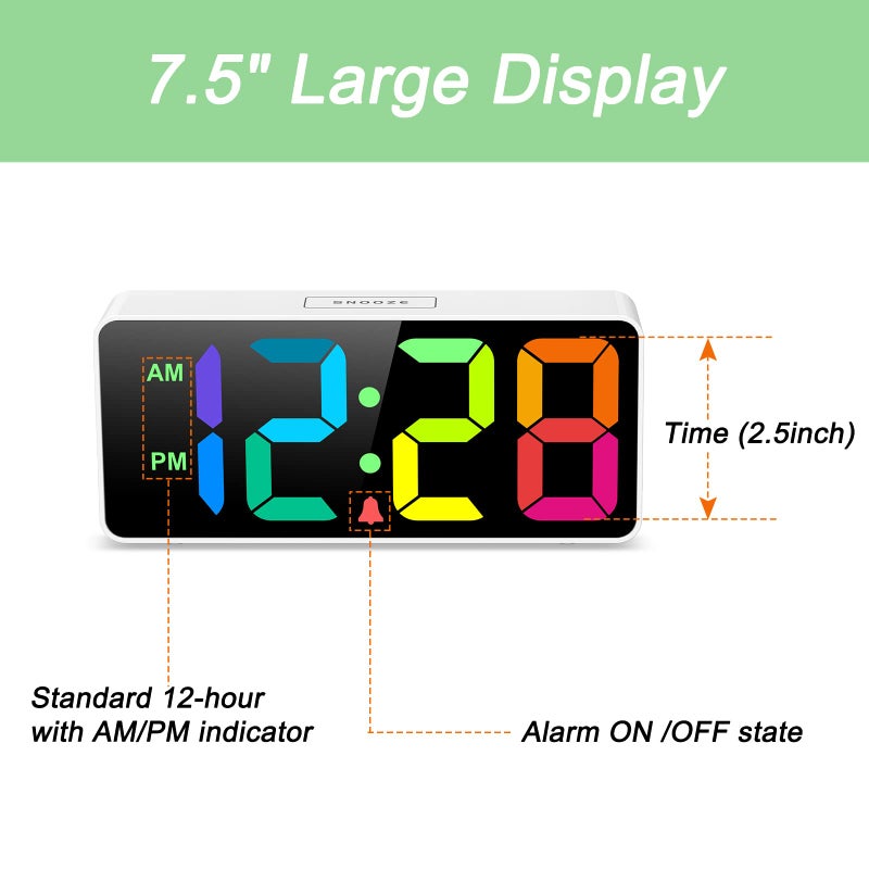 Welgo 7.5 Inches Large Digital Alarm Clock for Seniors & Kids, 0-100% Dimmable Display, USB Charging Port, Adjustable Volume, Easy Operation, Snooze, Outlet Powered for Bedroom - Image 2