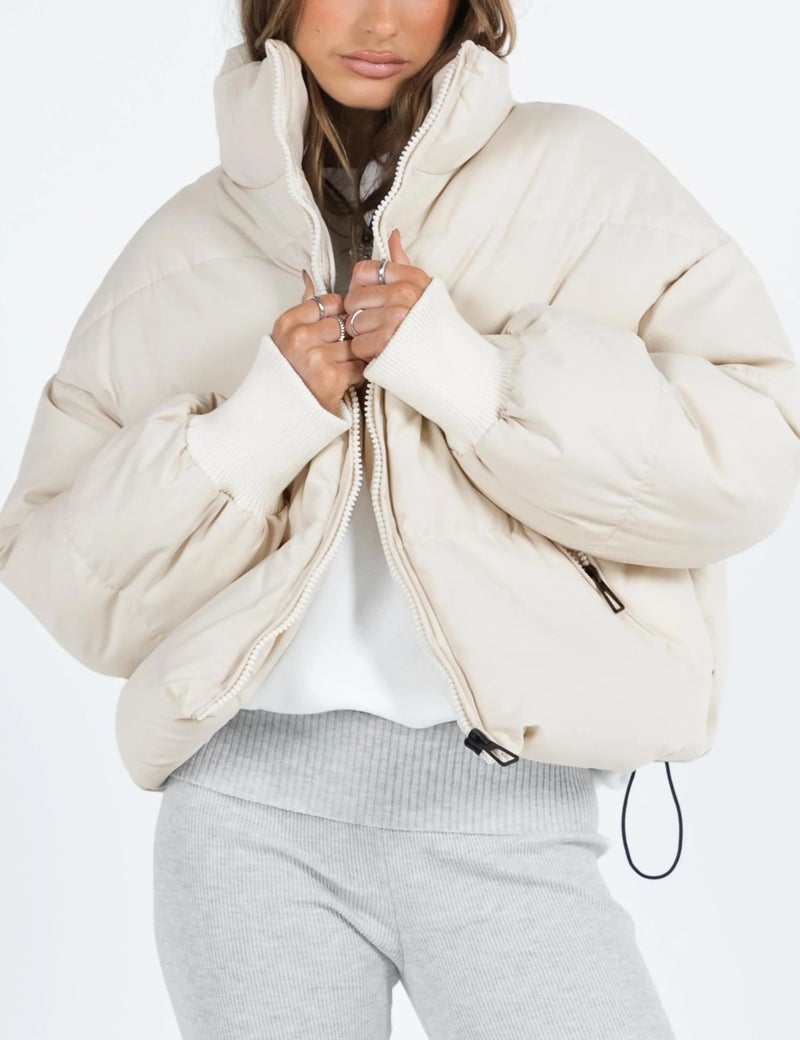 UANEO Puffer Jacket Womens Oversized Cropped Puffy Quilted Winter Jackets Coat (Beige-S) - Image 2