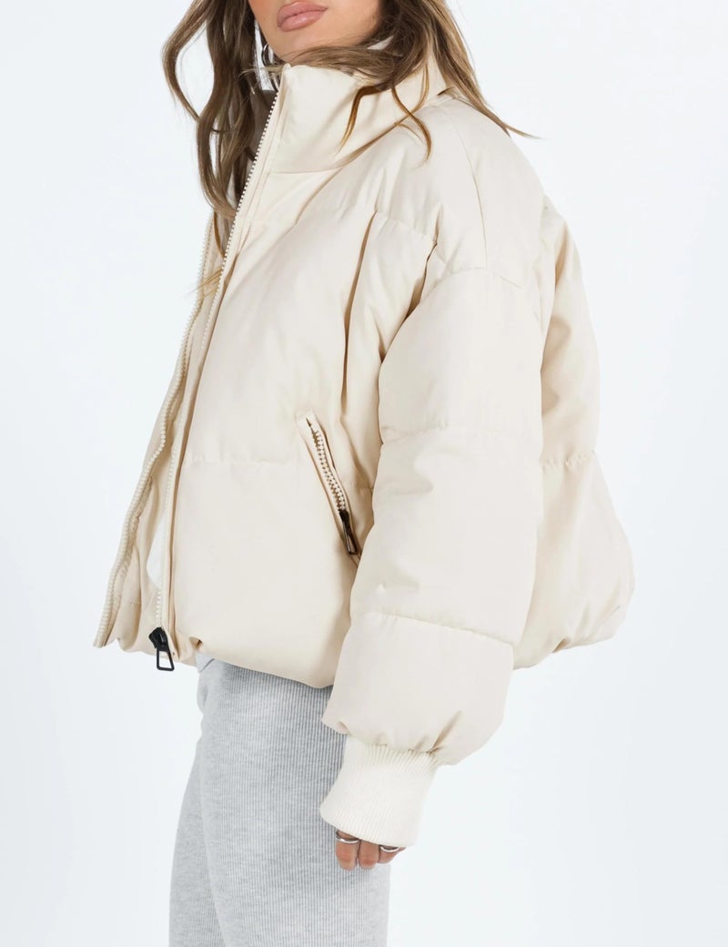 UANEO Puffer Jacket Womens Oversized Cropped Puffy Quilted Winter Jackets Coat (Beige-S) - Image 3