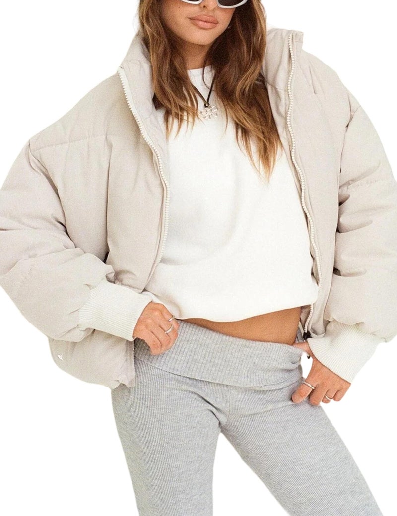 UANEO Puffer Jacket Womens Oversized Cropped Puffy Quilted Winter Jackets Coat (Beige-S) - Image 1