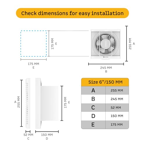 atomberg Efficio Exhaust Fan 150mm (6 Inches) | BLDC Motor | 13W| Low Noise | 2000 RPM| Ideal for Bathroom, Kitchen | Easy to Clean | Installation-Square Cut (175mm) | 2 Years Warranty | White - Image 5