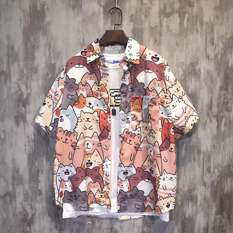 Japanese-Style Ins Hong Kong Style Summer Short-Sleeve Floral Shirt For Men And Women, Retro Cool Hawaiian Beach Couple Loose Shirt - Image 4