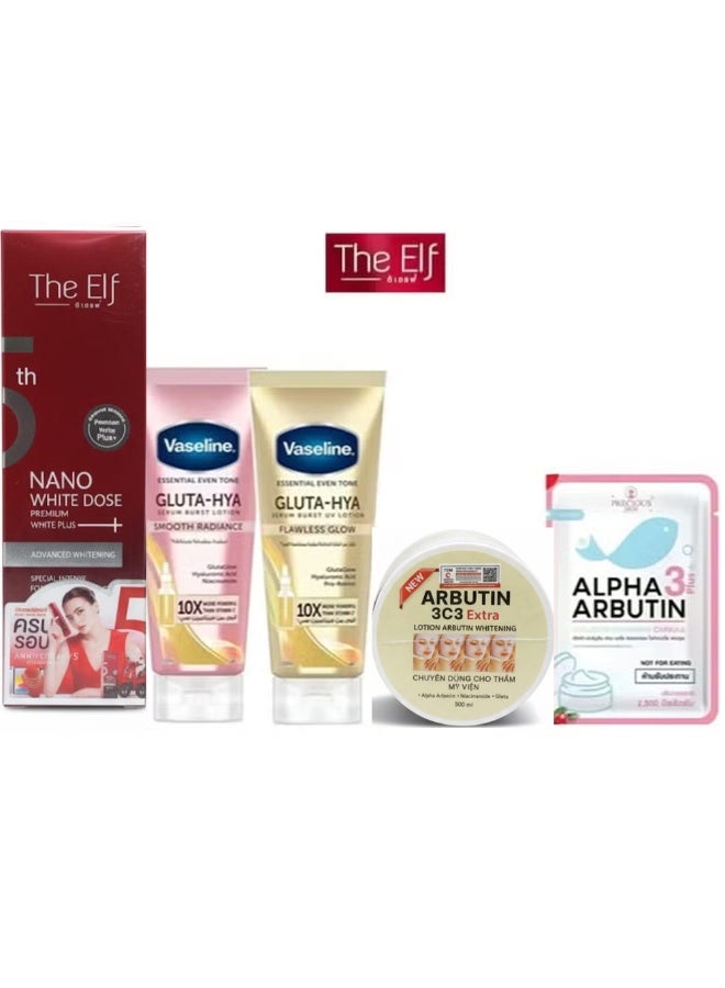 The Elf Whitening Set Nano White Dose Serum ,GLUTA-HYA Smooth Radiance & Flawless Glow & Alpha Arbutin Capsules and Arbutin 3c3 Extra Lotion Arbutin Whitening 300ml