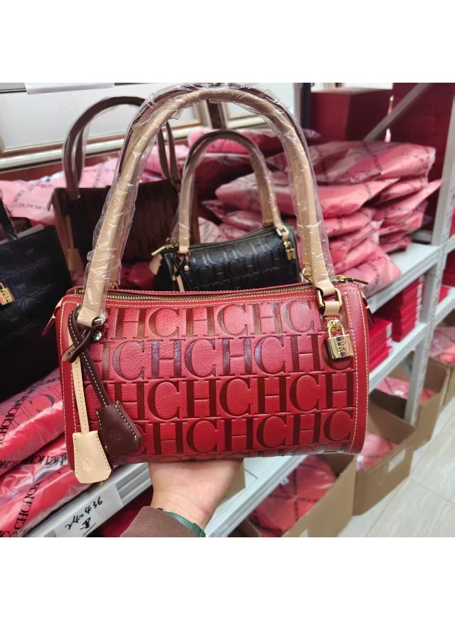 CAROLINA HERRERA CH Burgundy Boston Style Handbag (Mini Pillow Shape), Zipper Closure, Letter Embossed, Versatile for Daily & Formal Occasions - Image 1