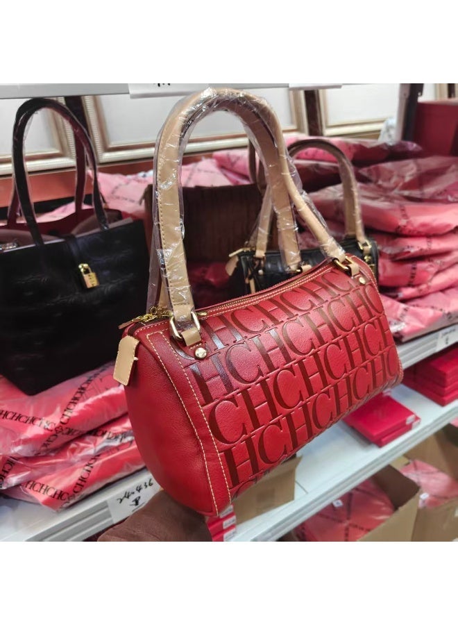 CAROLINA HERRERA CH Burgundy Boston Style Handbag (Mini Pillow Shape), Zipper Closure, Letter Embossed, Versatile for Daily & Formal Occasions - Image 5