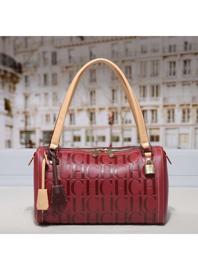 CAROLINA HERRERA CH Burgundy Boston Style Handbag (Mini Pillow Shape), Zipper Closure, Letter Embossed, Versatile for Daily & Formal Occasions - Image 2