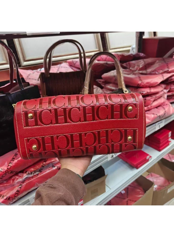 CAROLINA HERRERA CH Burgundy Boston Style Handbag (Mini Pillow Shape), Zipper Closure, Letter Embossed, Versatile for Daily & Formal Occasions - Image 4