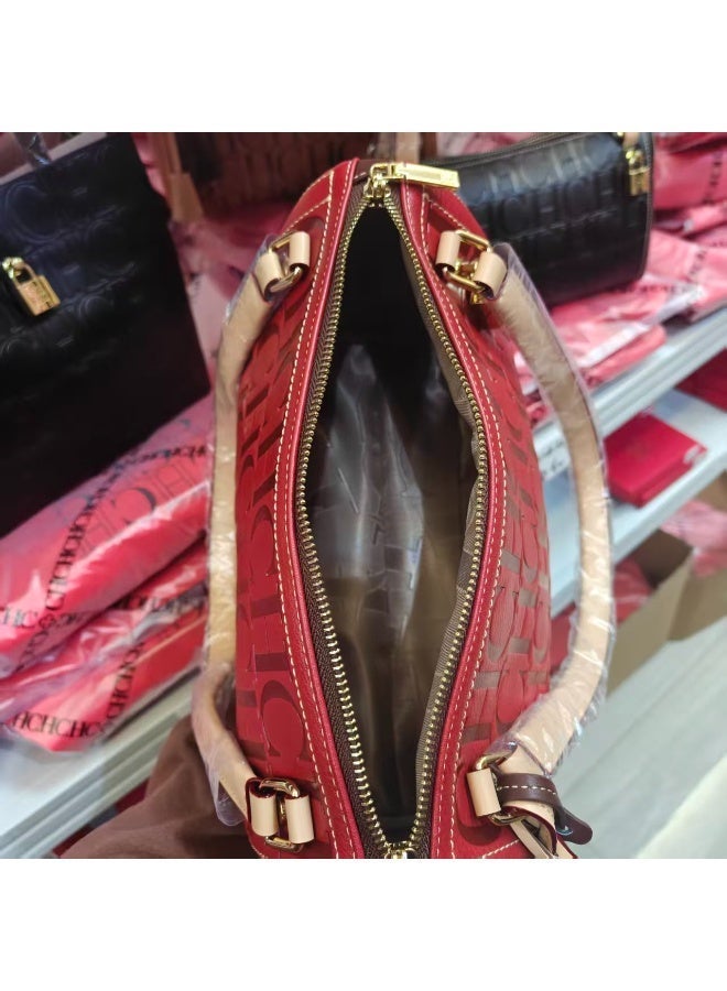 CAROLINA HERRERA CH Burgundy Boston Style Handbag (Mini Pillow Shape), Zipper Closure, Letter Embossed, Versatile for Daily & Formal Occasions - Image 3