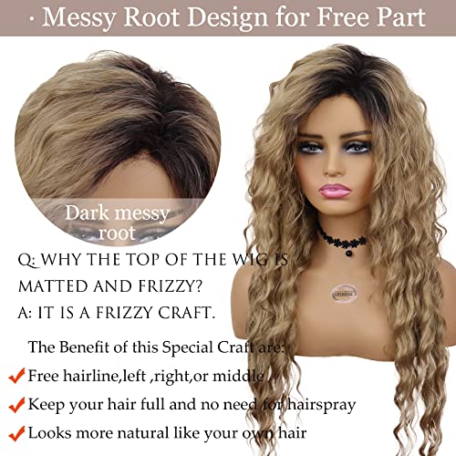 GNIMEGIL Natural Ombre Light Brown Curly Wig Long Wavy Wigs for Women Wave Hair Free Part Synthetic Daily Party Cosplay Costume Halloween Wig - Image 3