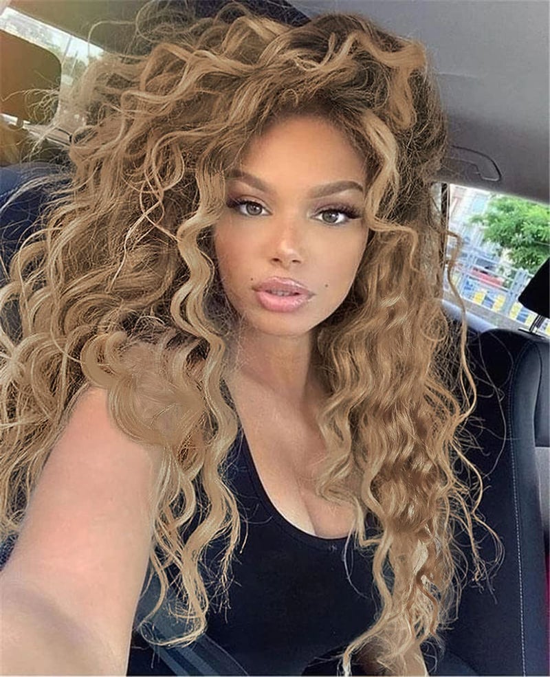 GNIMEGIL Natural Ombre Light Brown Curly Wig Long Wavy Wigs for Women Wave Hair Free Part Synthetic Daily Party Cosplay Costume Halloween Wig - Image 1