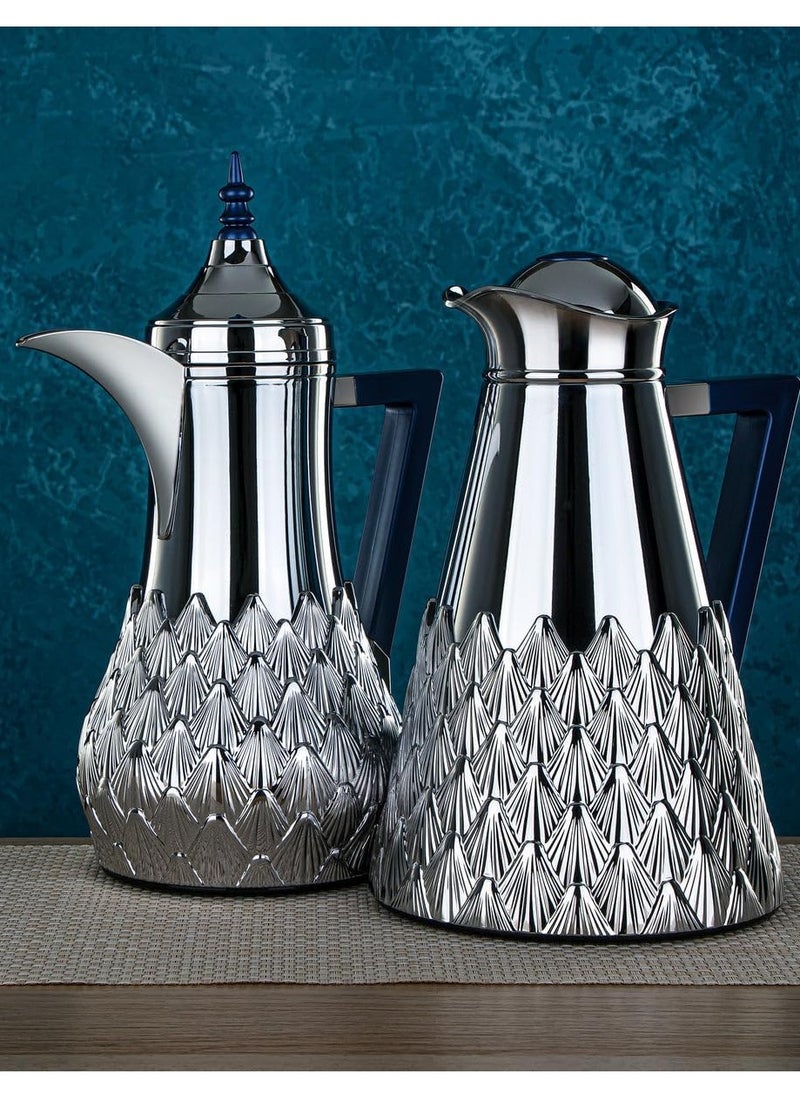 Bamboo Bark - 2 Pieces Vacuum Flask Silver & Navy Blue Set - Double Walled Insulated Thermos Bottles for Hot & Cold Beverages, Leak-Proof, Plastic Travel Mugs - Image 1