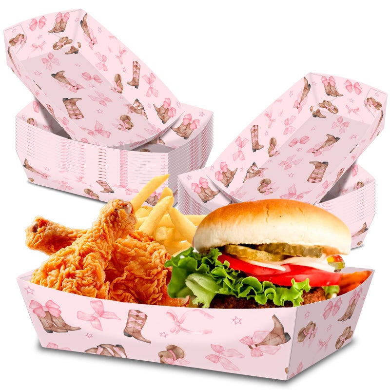 KERINGO No Folding Required 50 Pack 2 Lb Western Cowgirl Party Favors Large Pink Bow Cowgirl Hat Boot Plates Paper Serving Trays Nachos Food Boats Disposable Bowls for Cowgirl Birthday Party Decorations - Image 1
