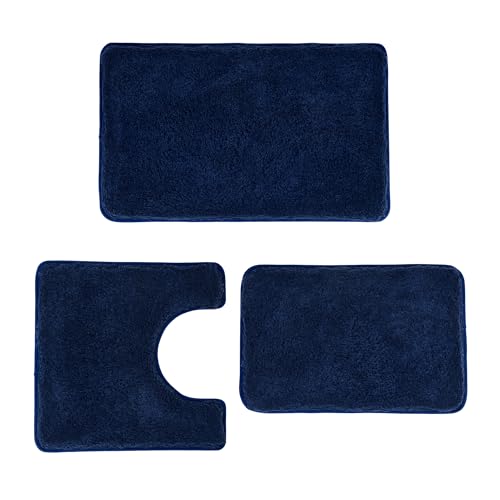 WCBSTT 3 Pieces Luxury Bathroom Rug Set with U-Shaped Toilet Rug, Non-Slip Rubber Bottom, Thick Microfiber Fluffy Plush, Water absorption, Quick Dry, Ultra Soft, Bath Mats for Bathroom, Tub(Navy Blue) - Image 1