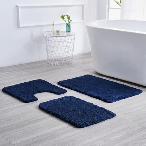 WCBSTT 3 Pieces Luxury Bathroom Rug Set with U-Shaped Toilet Rug, Non-Slip Rubber Bottom, Thick Microfiber Fluffy Plush, Water absorption, Quick Dry, Ultra Soft, Bath Mats for Bathroom, Tub(Navy Blue) - Image 2
