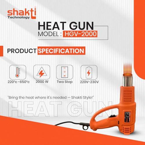 Shakti Technology - HGV-2000 W | High Speed Heat Gun with Dual Temperature 220°C - 650°C | Ergonomic Design | 5.9ft Cord – Ideal for Paint Removal, Shrink Wrapping - Image 4