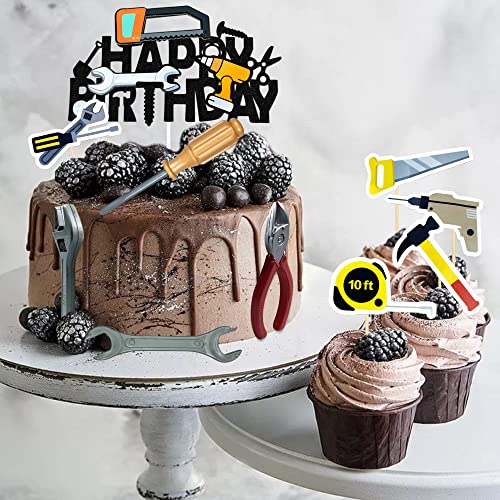 KDPATFAV 18PCS Tools Cake Topper Tools Cake Decorations Toolbox Wrench Hammer Mechanic Drill Plier Handsaw Tape Measure Screwdrivers Themed Happy Birthday Party Decor - Image 5