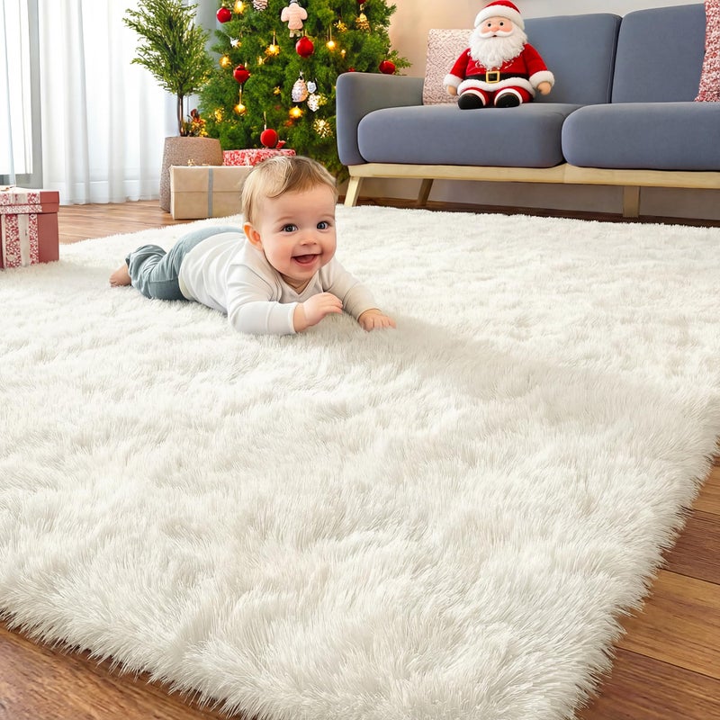 OLANLY Area Rugs for Living Room Bedroom Machine Washable 4x59 ft Soft Fluffy Shaggy Bedside Rug Indoor Floor Carpet for Kids Girls and Boys Dorms Nursery Rooms Home Decor Aesthetic Ivory