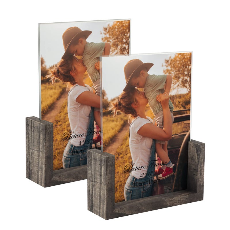 PETAFLOP 4x6 Picture Frame Set of 2 Double Sided Glass Photo Frames 4 by 6 Rustic Wooden Menu Holder Sign Card Stand for Desk Tabletop Display Dark Gray