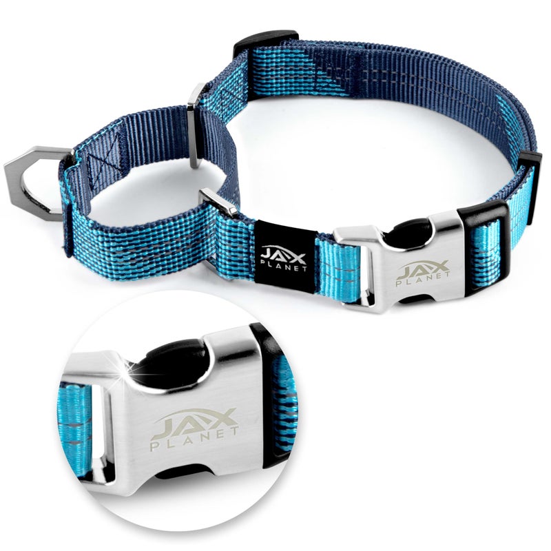JAX PLANET Blue Martingale Collar for Dogs - Heavy Duty Nylon Pet Collars for Escape-Free, No Pull Training & Walking with Alloy Metal Release Buckle & Reflective D Ring, One Time Adjustment, Safe & Secure, C2 - Image 1